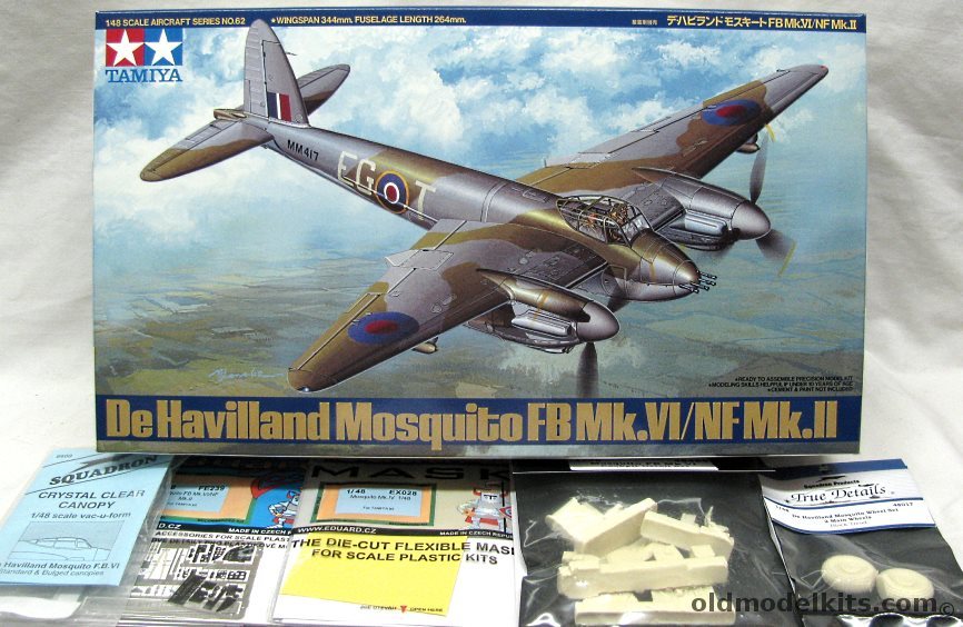 Tamiya 1/48 Mosquito FB Mk.VI/NF Mk.11 + Eduard PE and Mask + True Details Cockpit and Wheels + Squadron Canopy - RAF No. 143 Sq / No. 157 Sq / No. 487 Sq, 61062 plastic model kit